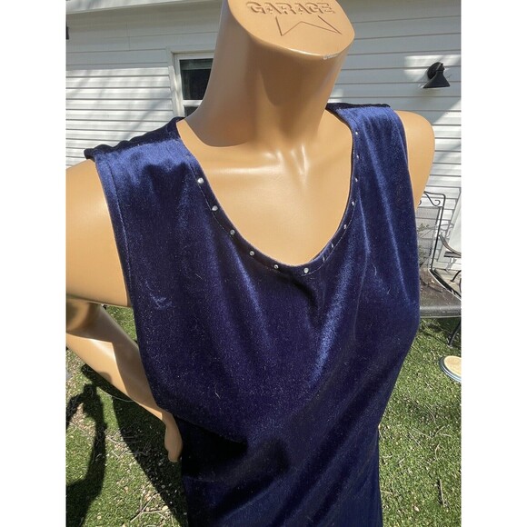 Vintage 1990s Miss & Mrs Blue Crushed Velvet Midi Rhinestone Slit Large Dress - Picture 3 of 12